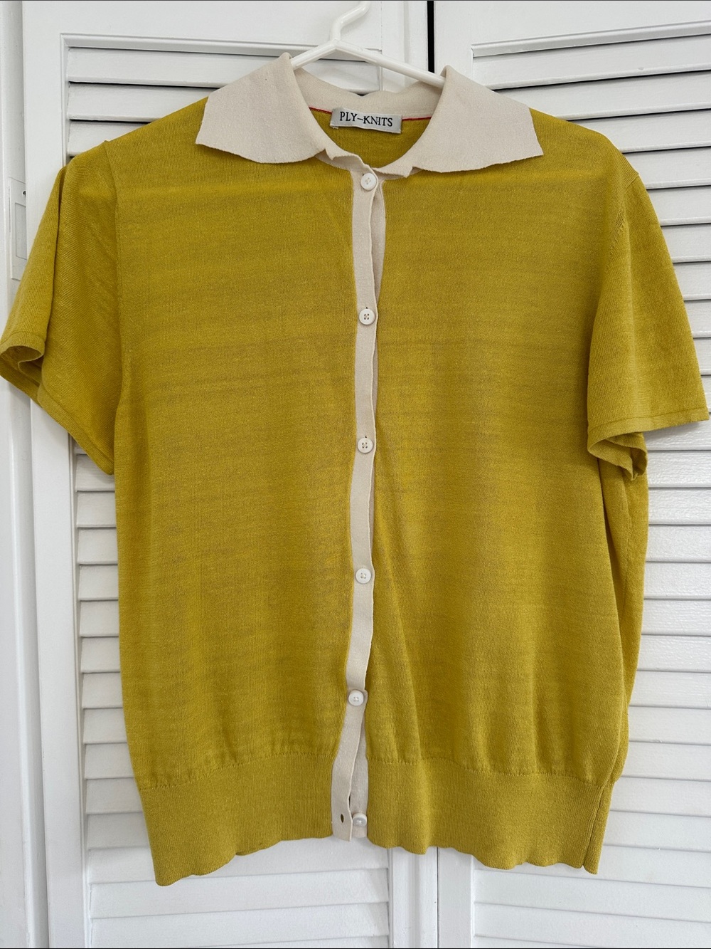 Ply-Knits Mustard Short-Sleeve Button Cardigan with Cream Trim